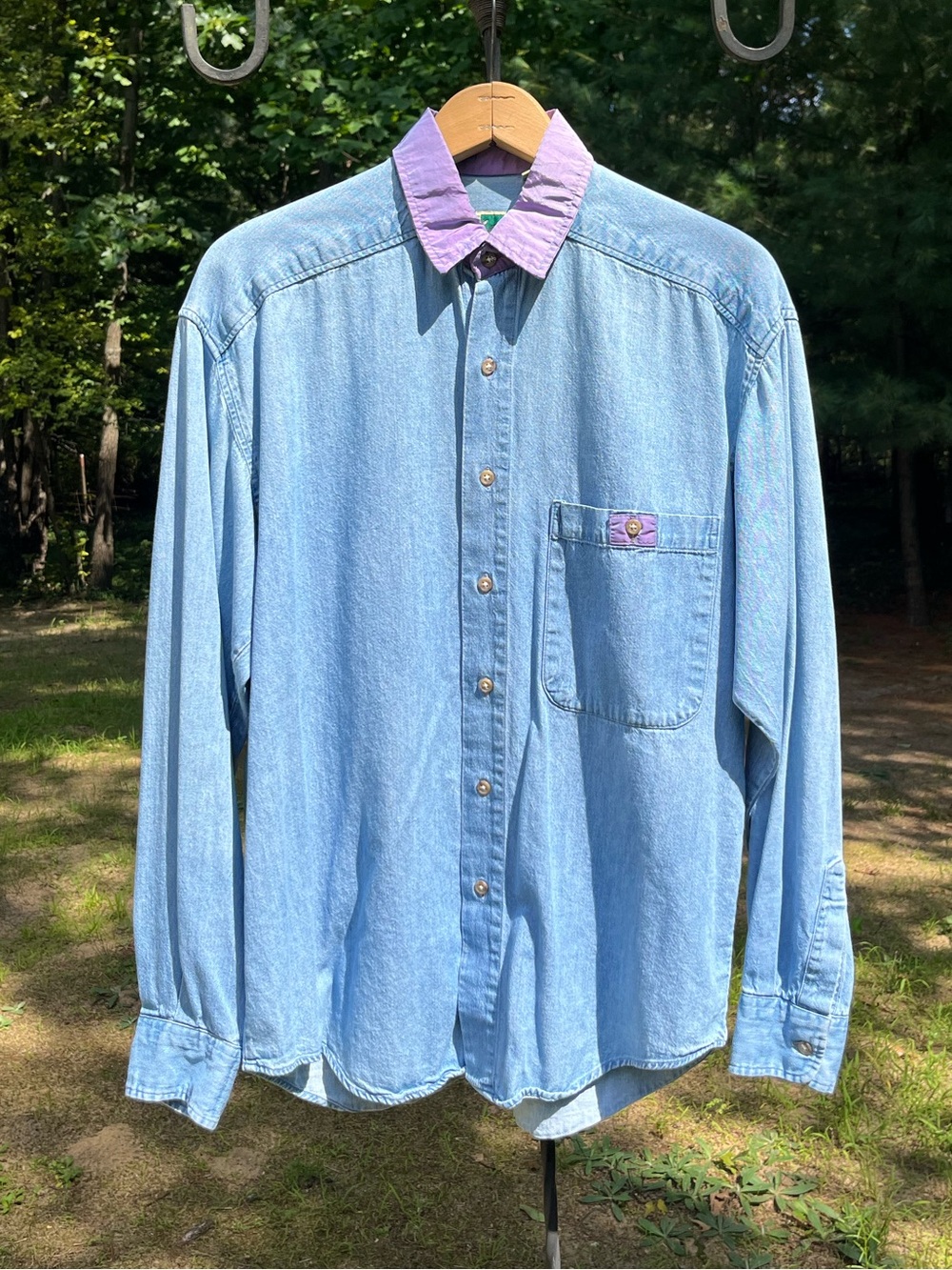 90s Johnny Cotton Denim Jean Button-Up Shirt Iridescent Collar Classic Retro